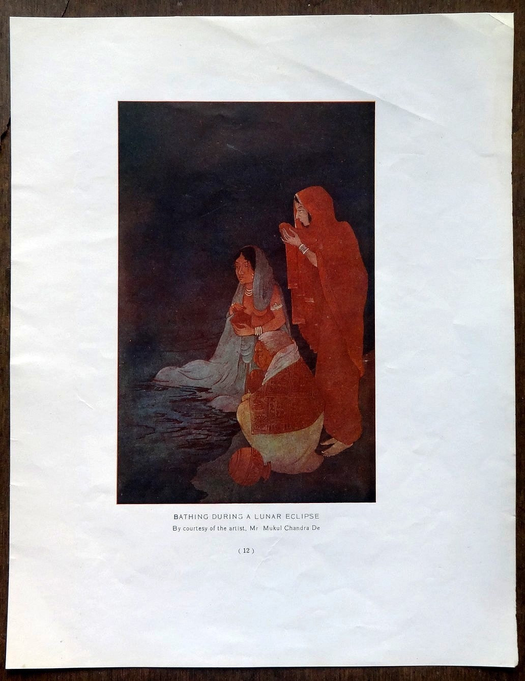 India c.1920s print BATHING DURING LUNAR ECLIPSE by Mukul Chandra De 28cm x 21cm