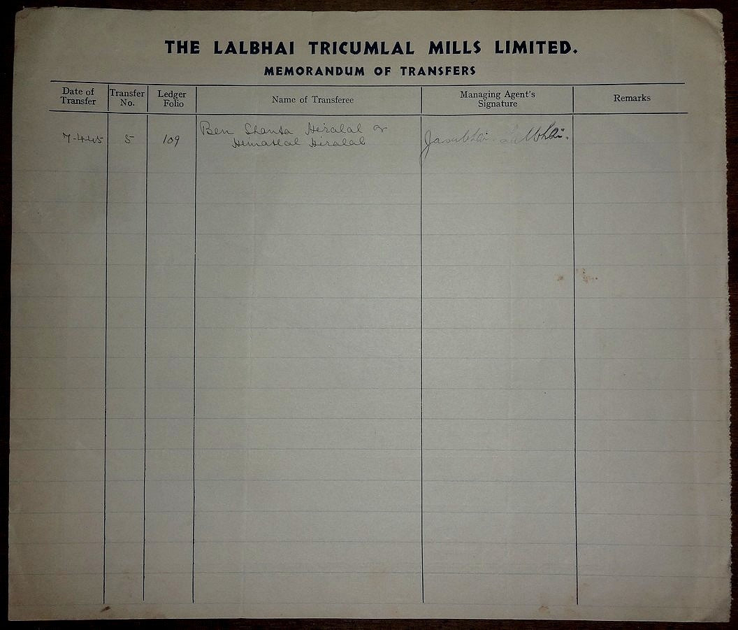 India Lalbhai Tricumlal Mills Ltd 1944 share certificate