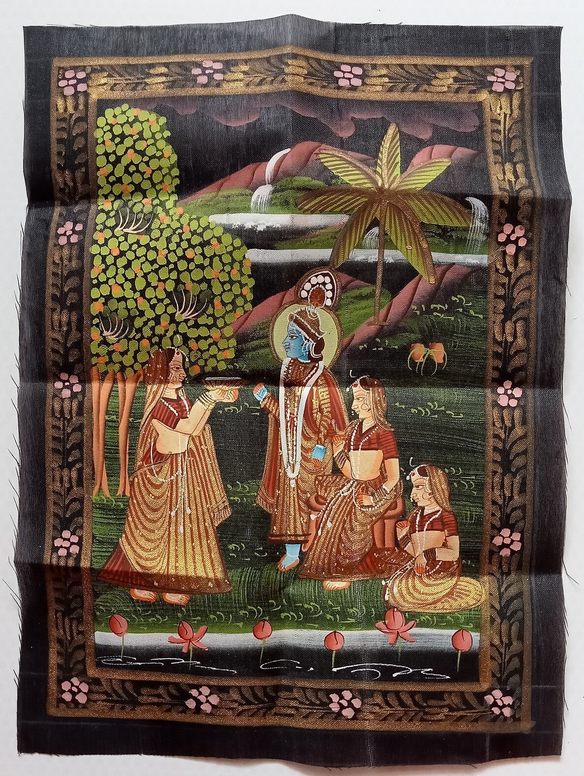 India vintage hand painting on cloth KRISHNA & 3 GOPIS 8 x 12 inches
