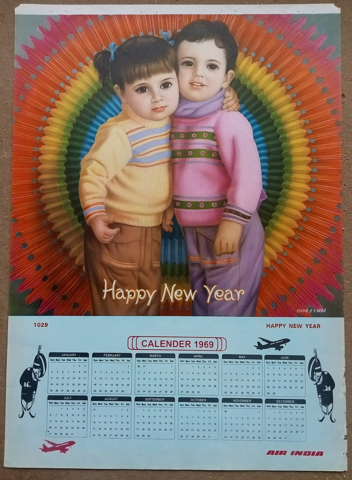 AIR INDIA 1969 poster calender 1029 - HAPPY NEW YEAR - STUDIO : S. V. VARAS - R
