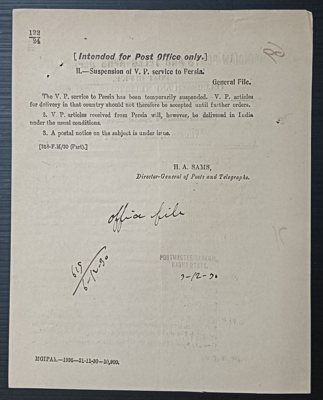 India POSTAL NOTICE 1930 Express delivery of Unregistered articles