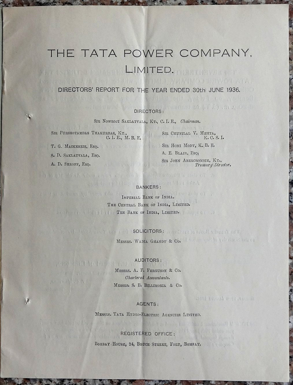 India 1936 THE TATA POWER COMPANY LTD Annual Report 13pgs