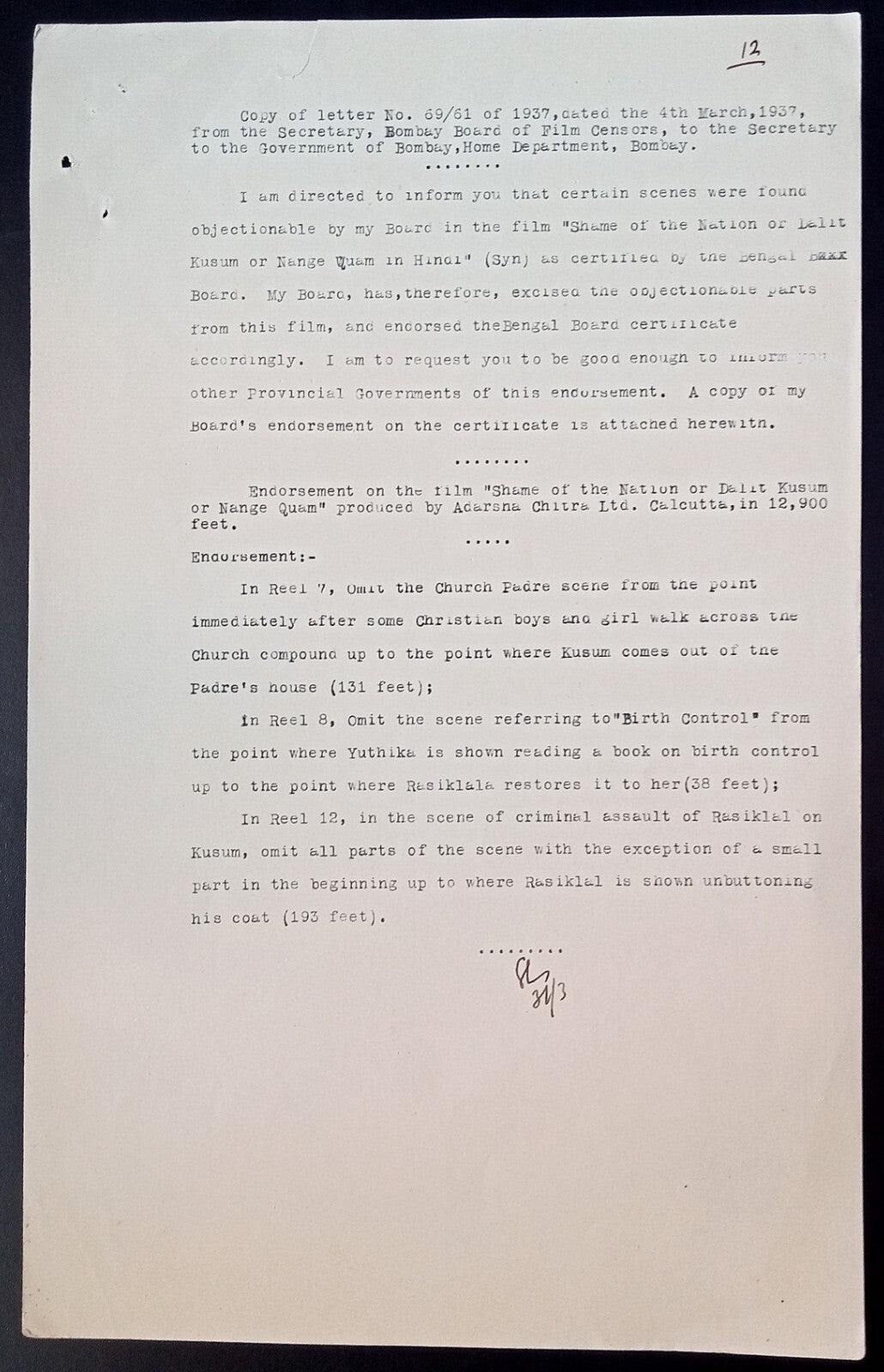 India 1939 Official letter ordering cuts in the movie SHAME OF THE NATION