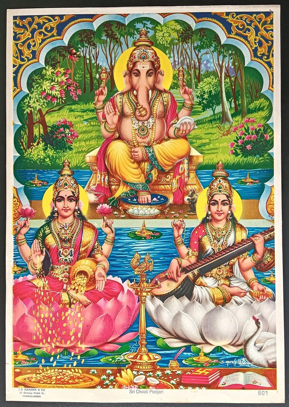 India vintage poster Sri Diwali Poojan by J.B. Khanna 9"x13" inches
