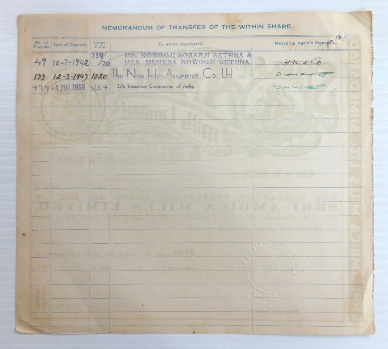 India 1941 Ambica Mills share certificate