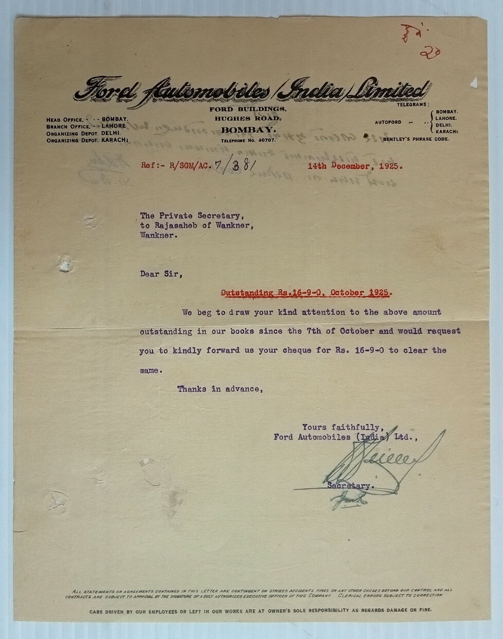 AOP India 1925 letterhead FORD AUTOMOBILES (INDIA) LIMITED Bombay