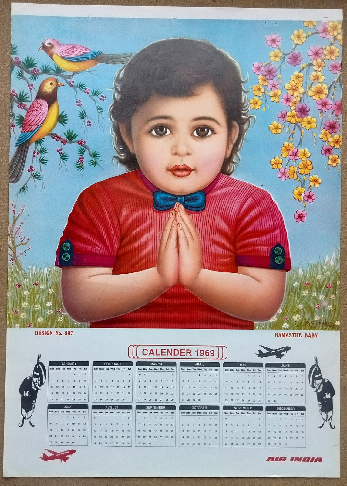 AIR INDIA 1969 poster calender 597 - NAMESTE BABY - ARTIST : K. C. PAKAS - R