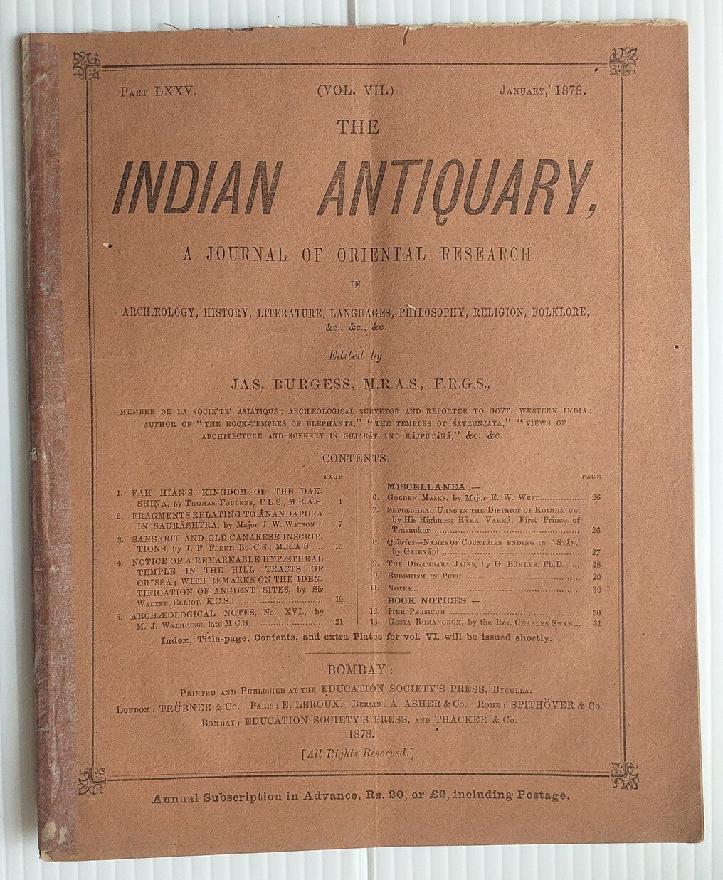 Indian Antiquary jan 1878 Journal of Oriental Research FRAGILE REPAIRED