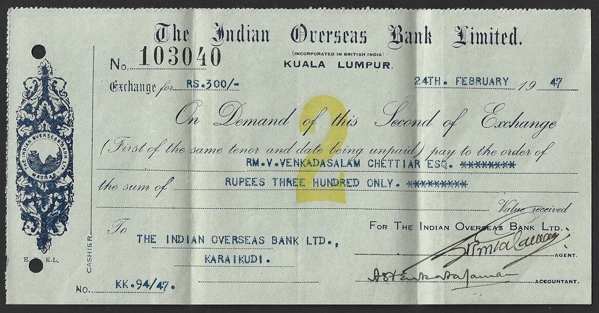 Malaya Indian Overseas Bank, Kuala Lumpur 1947 check cheque