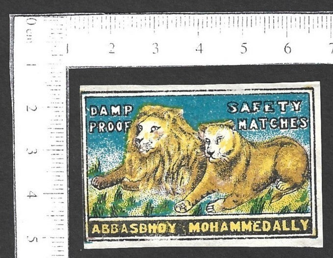 India VINTAGE matchbox label TWO LIONS by Abbasbhoy Mohammedally