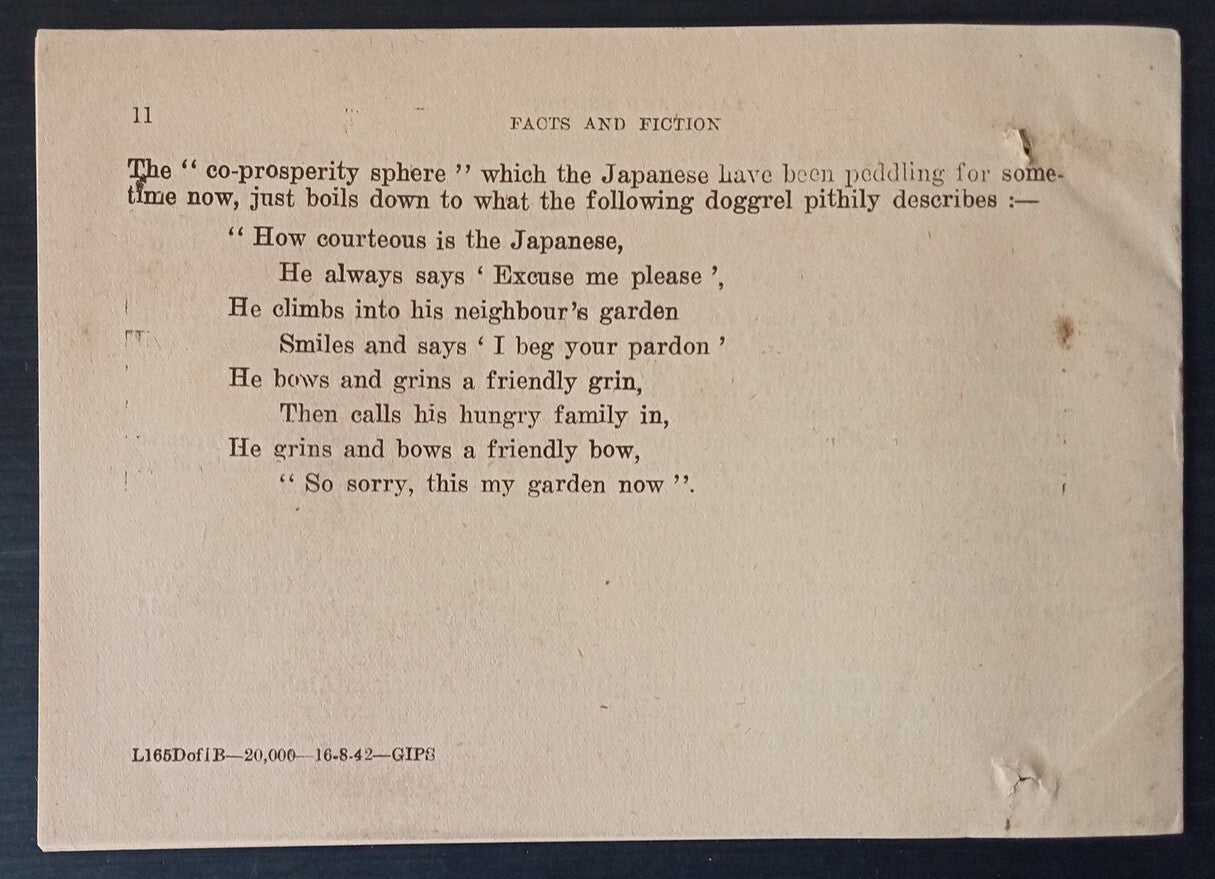India WW2 propaganda booklet FACTS & FICTION - JAPANESE PRACTISE & PROFESSSION