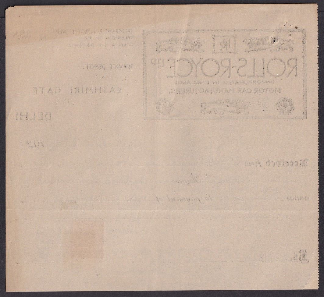 India 1923 ROLLS ROYCE Motor Car, Delhi illustrated receipt
