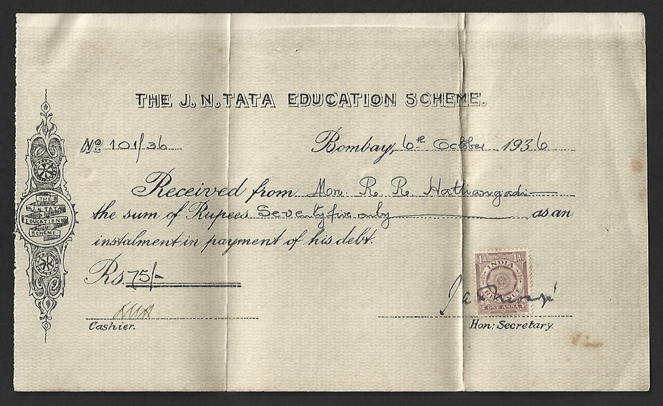 AOP India 1936 THE J.N. TATA EDUCATION SCHEME receipt
