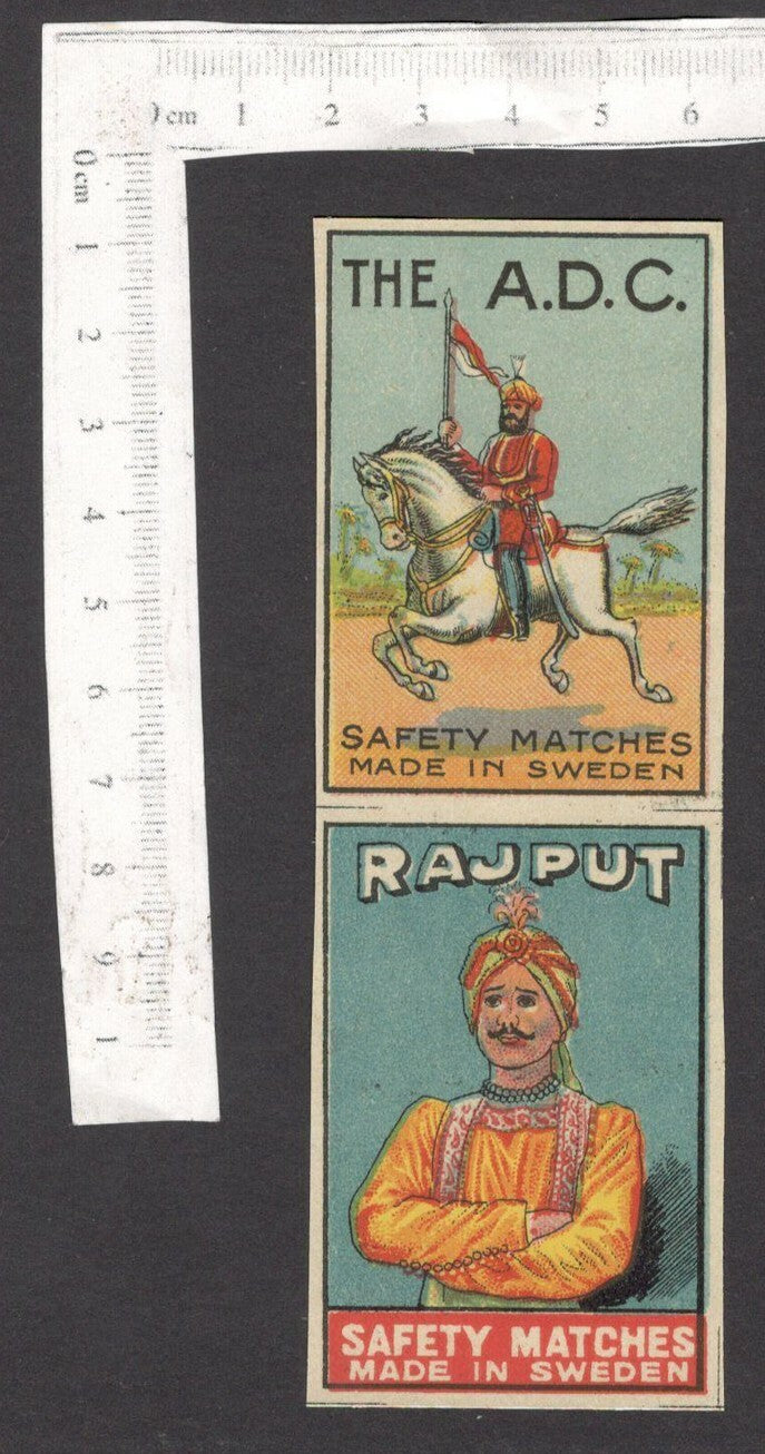 India 1930s-40s uncut pair of 2 different matchbox labels ADC + RAJPUT