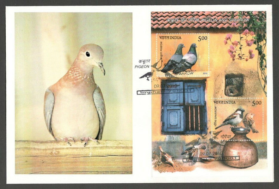 AOP India 2010 Birds Pigeon & Sparrow MS on FDC First Day cover