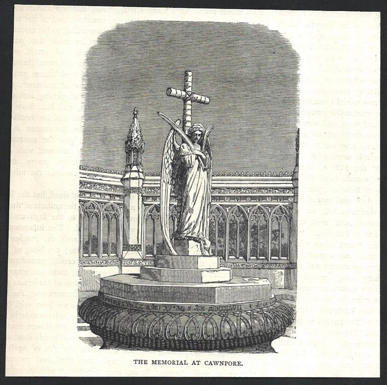 India THE MEMORIAL AT CAWNPORE engraved print ex libris Rousslet 1876 5"x5"