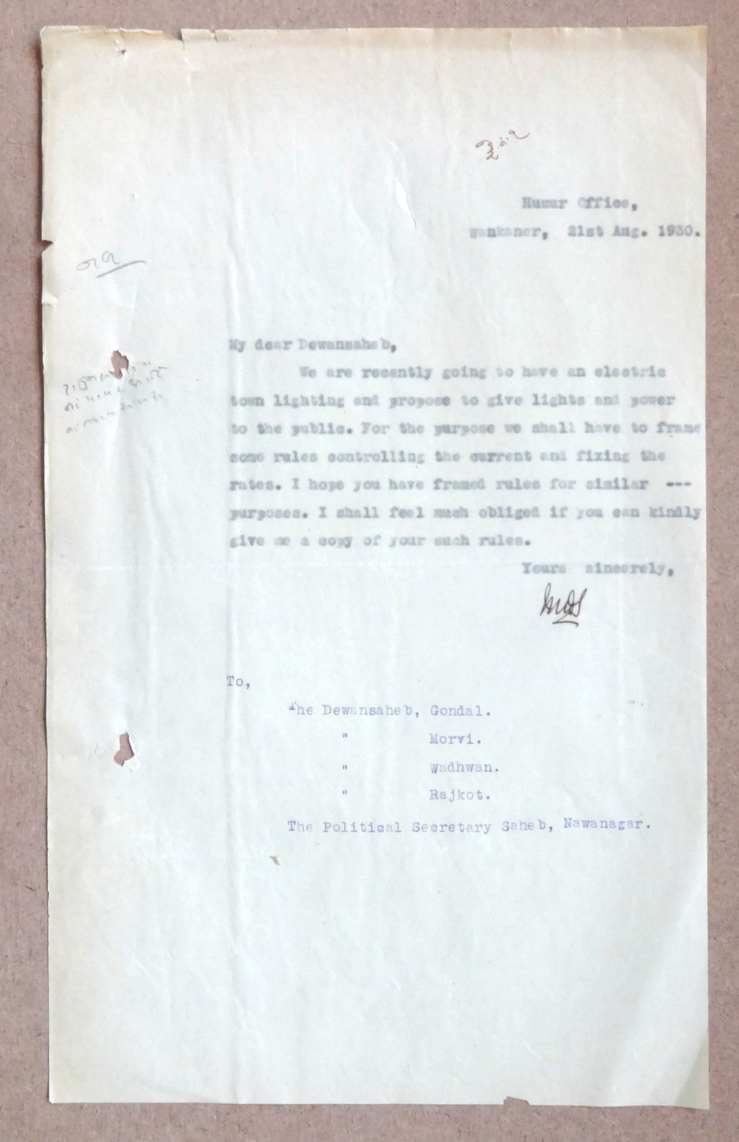 India 1930 Rajkot designs & letters re: introduction of Electric Street Lighting
