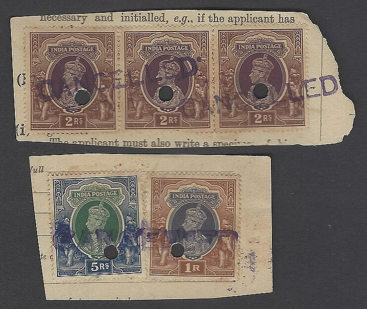 AOP India KGVI postage stamps used as revenue for PASSPORT FEES