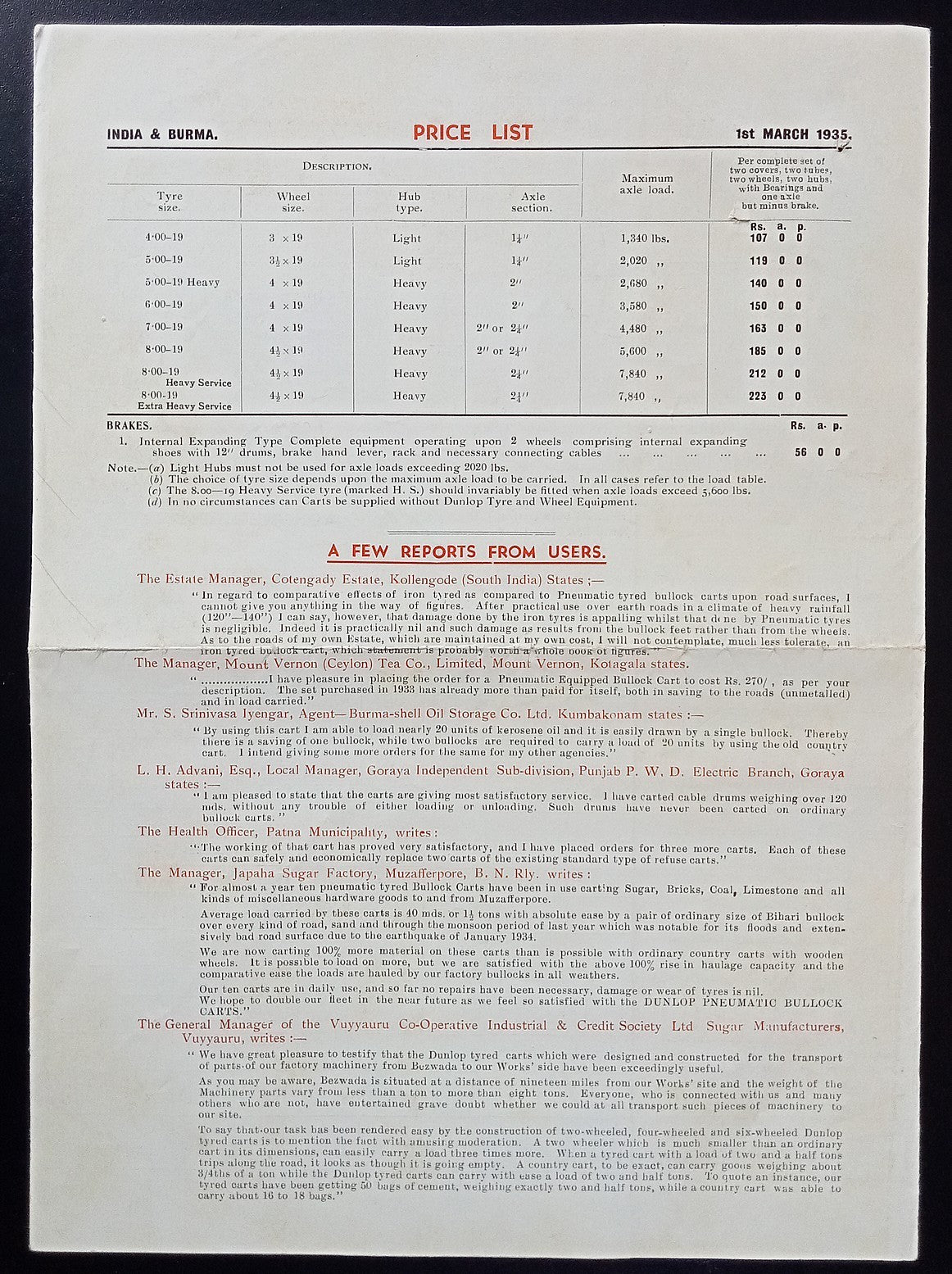 India DUNLOP BULLOCK CART TYRES 1935 advertisement brochure