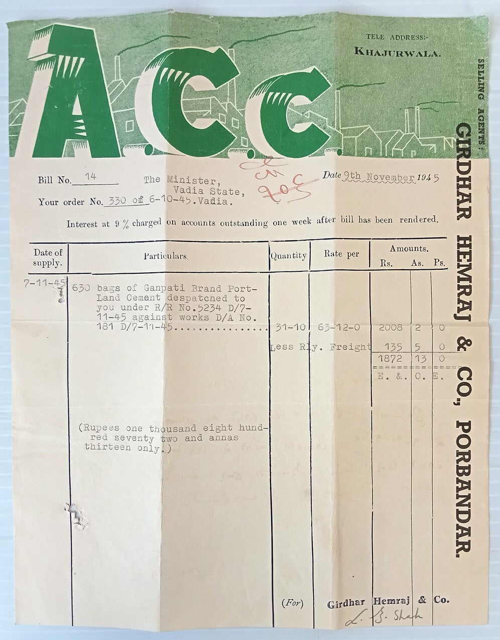 AOP ACC Cement Vadia 1945 illustrated billhead India