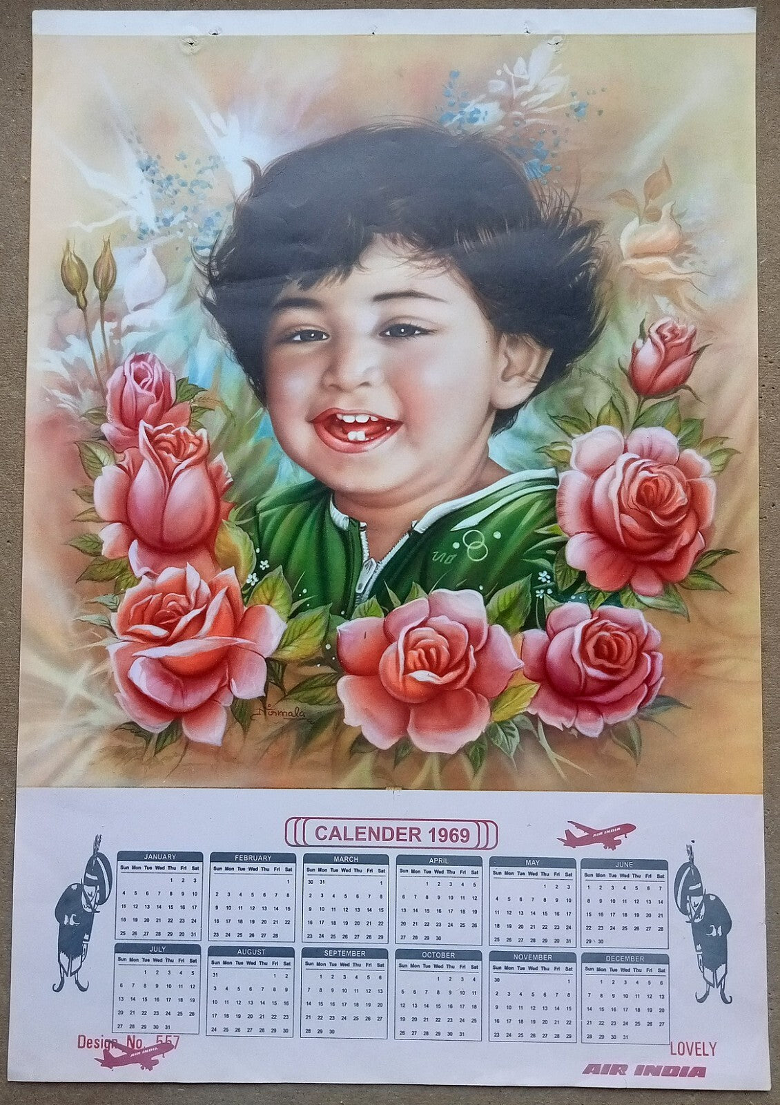 AIR INDIA 1969 poster calender 557 - LOVELY BABY - ARTIST : NIRMALA - R