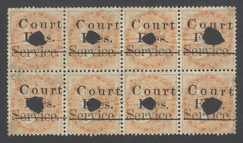 AOP India QV 1870-72 COURT FEES ovpt on Postage 1865 2a used block of 8 Bft #5
