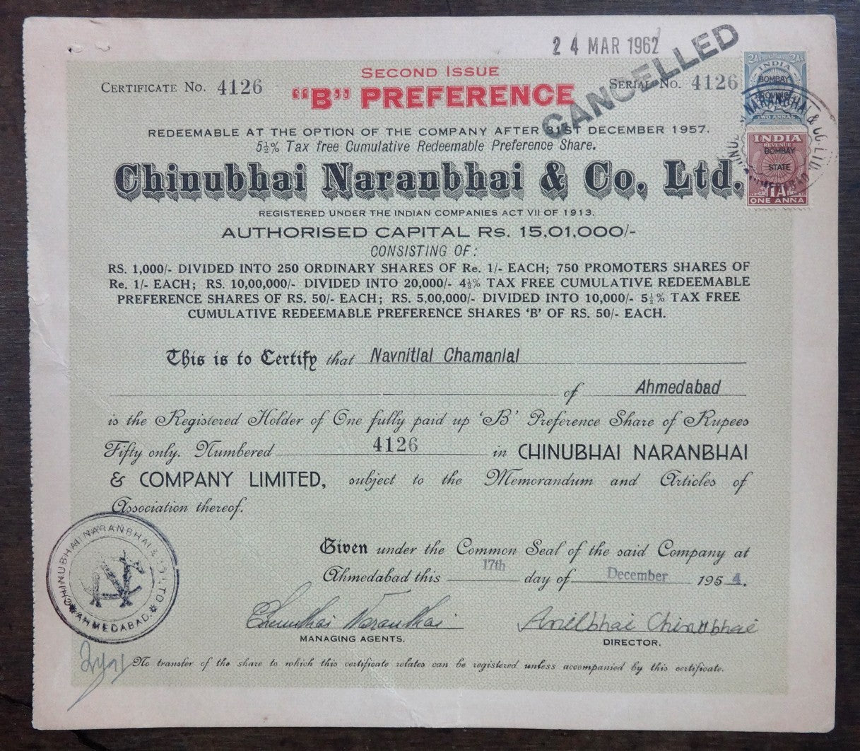 India 1954 Chinubhai Naranbhai preference share certificate