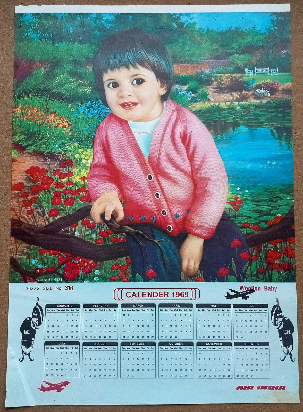 AIR INDIA 1969 poster calender 316 - WOOLLEN BABY - STUDIO : S. V. VARAS - R