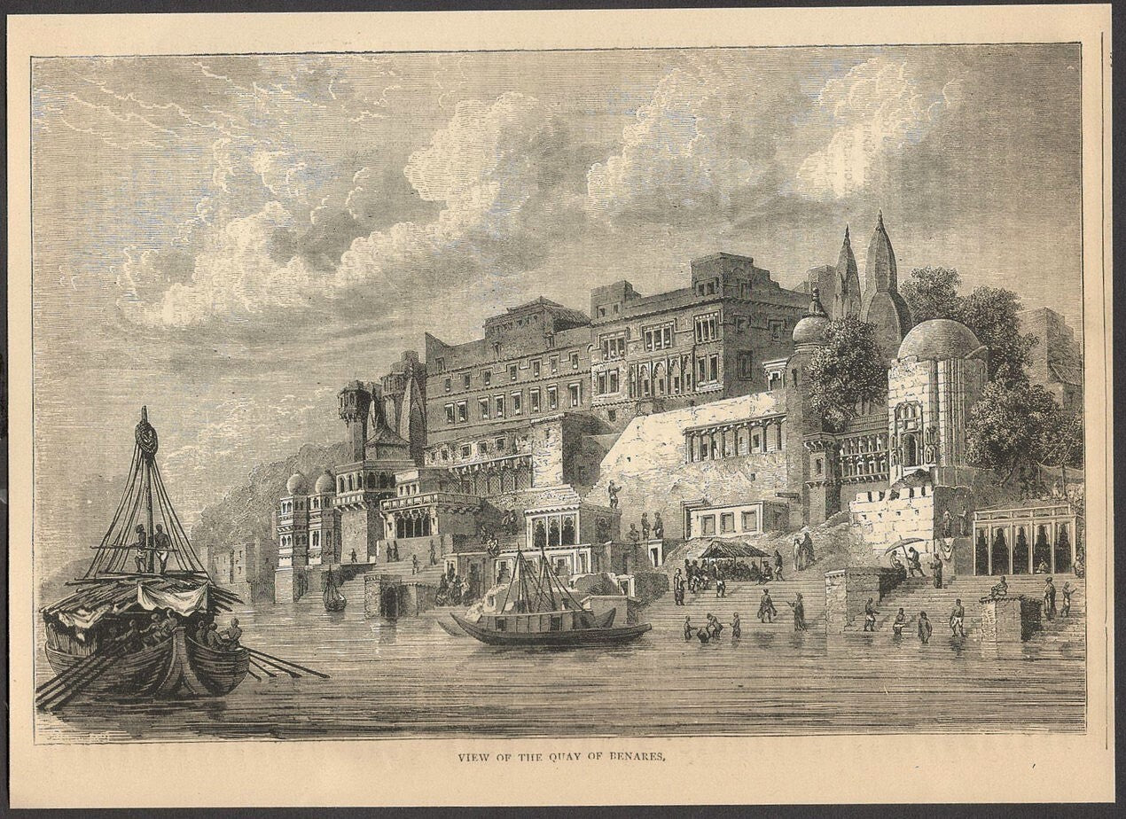 India VIEW OF THE QUAY OF BENARES engraved print ex libris Rousslet 1876 9"x6.5"