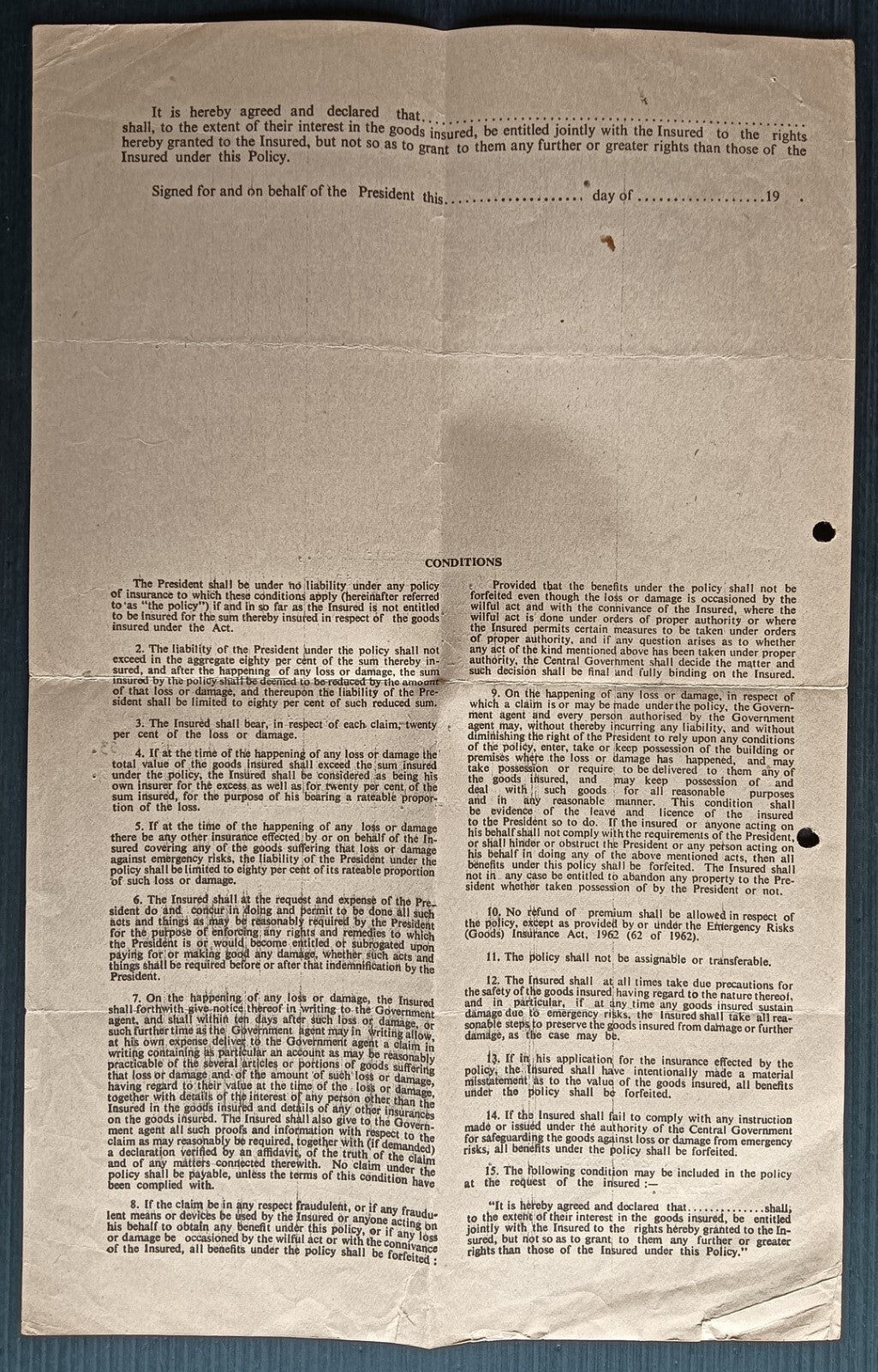 India 1963 INDO CHINA WAR - EMERGENCY RISKS Insurance Policy