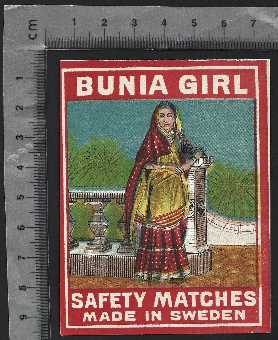 (AOP) India vintage large matchbox label BUNIA GIRL