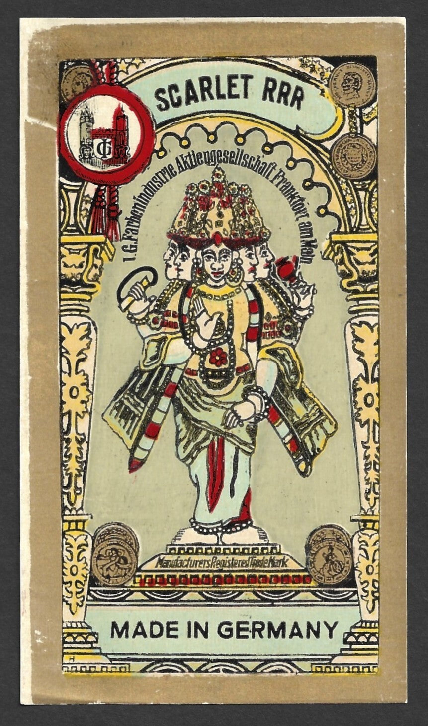 India 1930s-40s vintage textile dye label Scarlet RRR, Germany - HINDU GODDESS