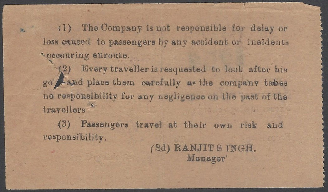 AOP India The Punjabi Motor Car Service Bus Ticket 1937