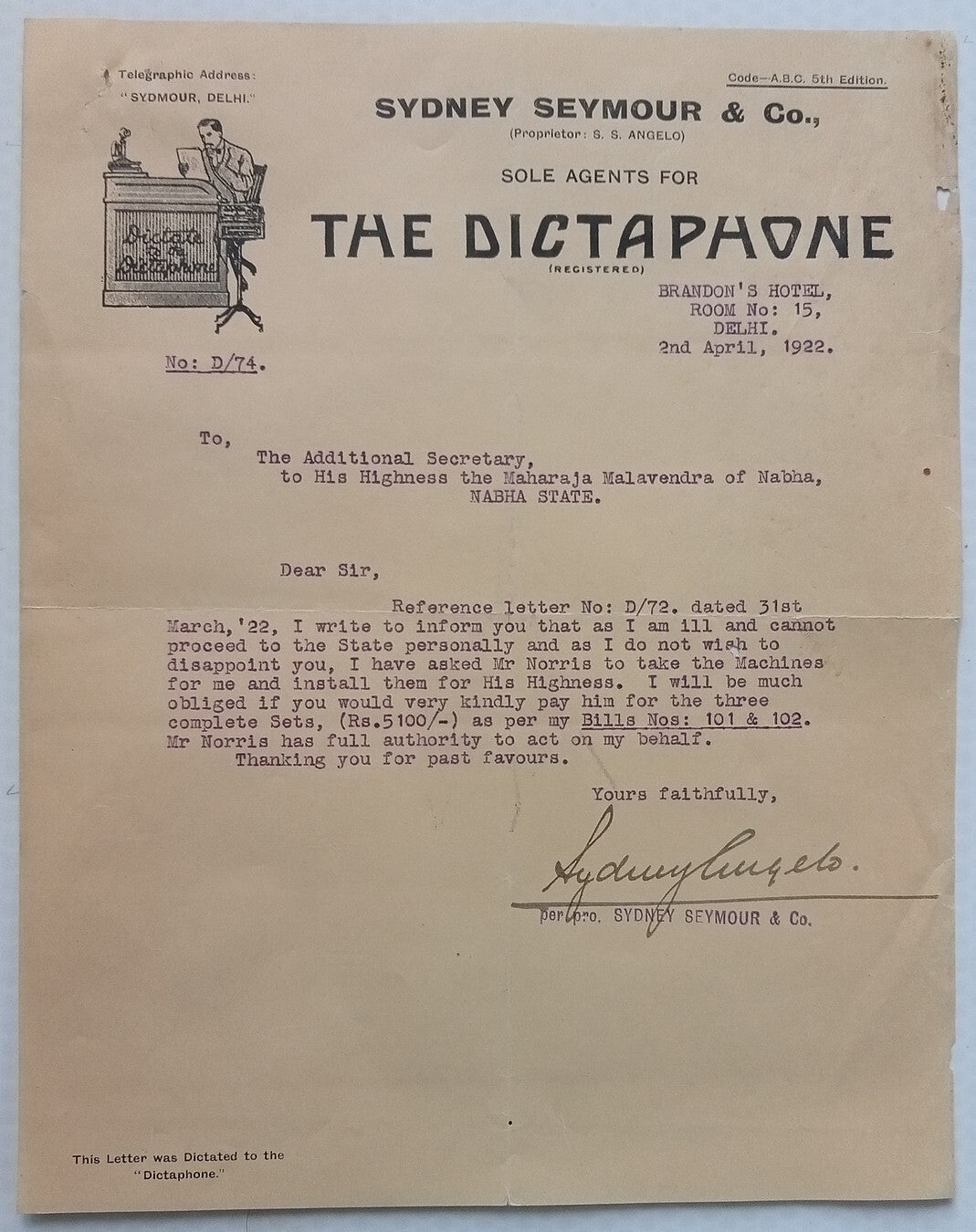 India 1922 pictorial advertisement letterhead DICTAPHONE - for Maharaja of Nabha