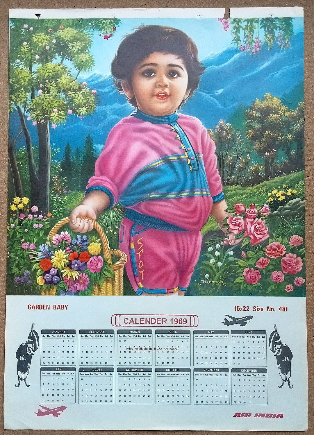 AIR INDIA 1969 poster calender 481- GARDEN BABY - ARTIST : NIRMALA - R