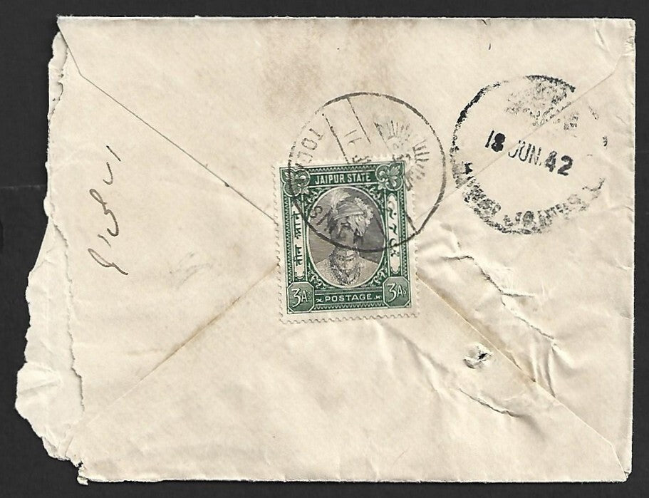 AOP India Jaipur State 1/2a blue Chariot env uprated 3a for registration 1942