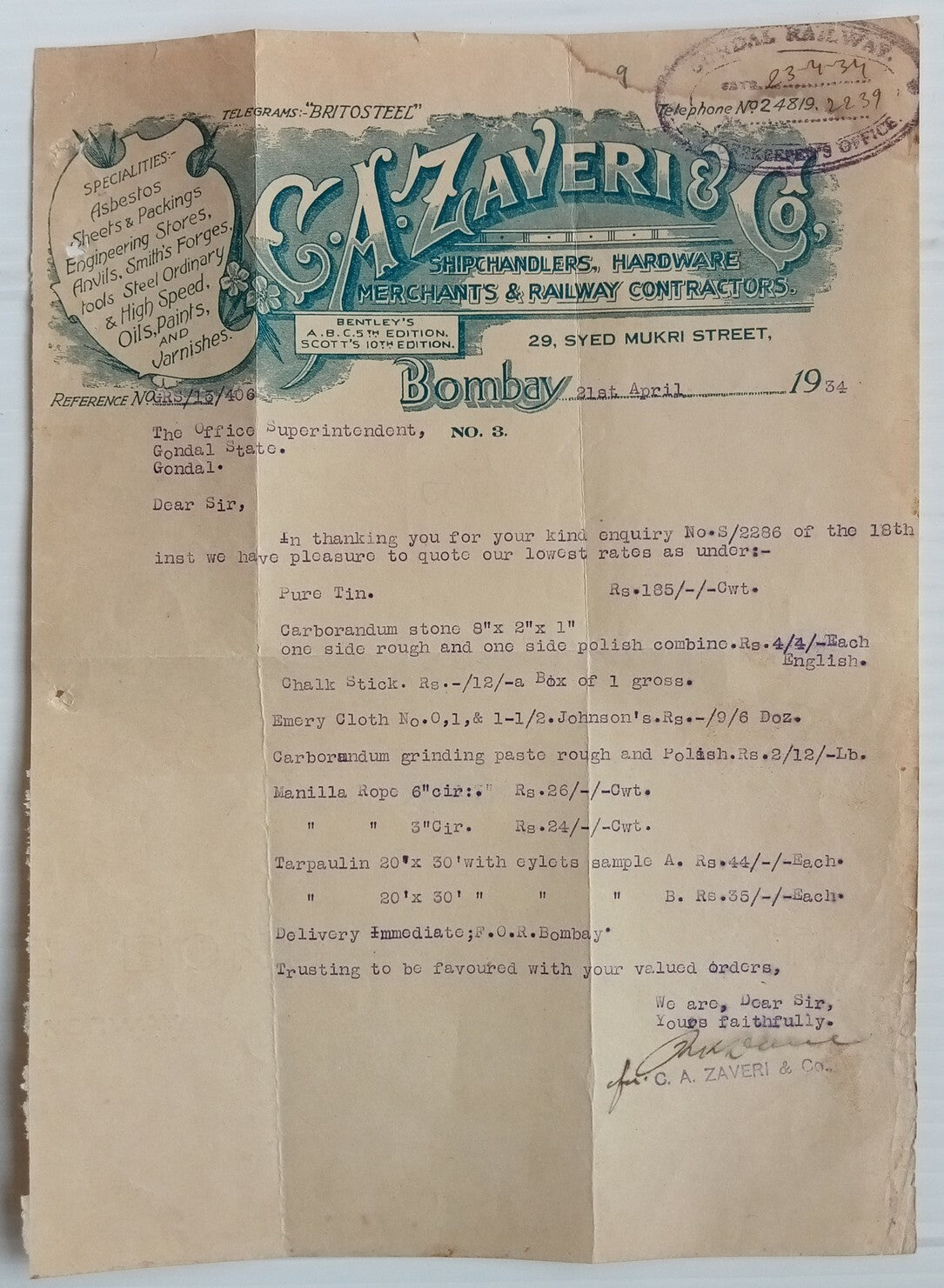 AOP India 1934 billhead SHIPCHANDLERS & RAILWAY CONTRACTORS Bombay