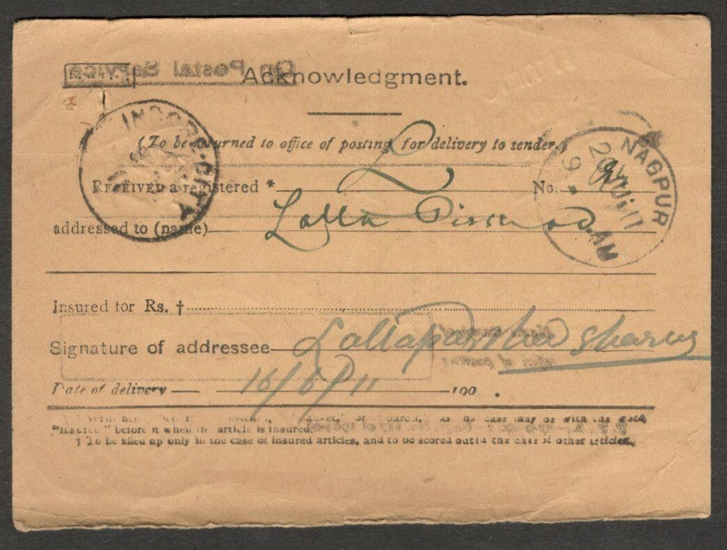 AOP India On Postal Service AR card used 1911 boxed D.L.O./NAGPUR, etc.