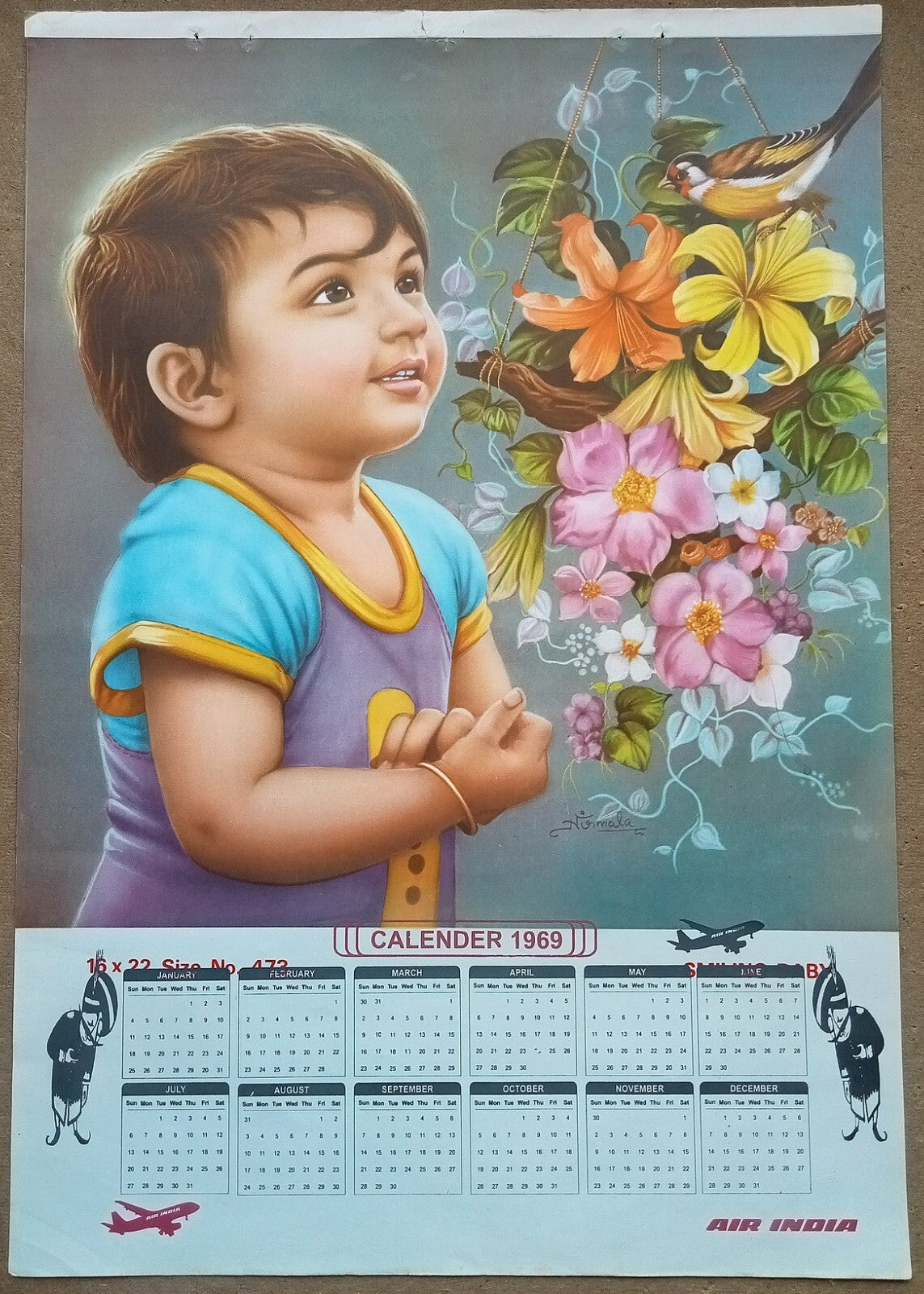 AIR INDIA 1969 poster calender 473 - SMILING BABY - ARTIST : NIRMALA