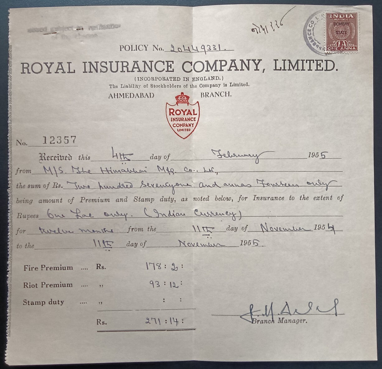India ROYAL INS Co. 1943 Riot Insurance Policy