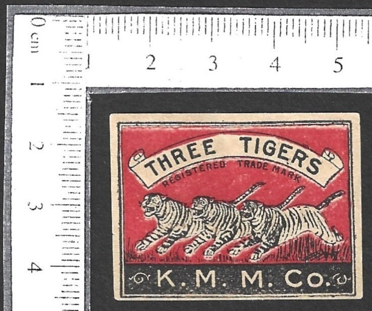 India VINTAGE matchbox label THREE TIGERS by K.M.M. Co.