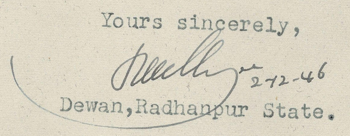 India 1946 crested letter DEWAN OFFICE RADHANPUR signed