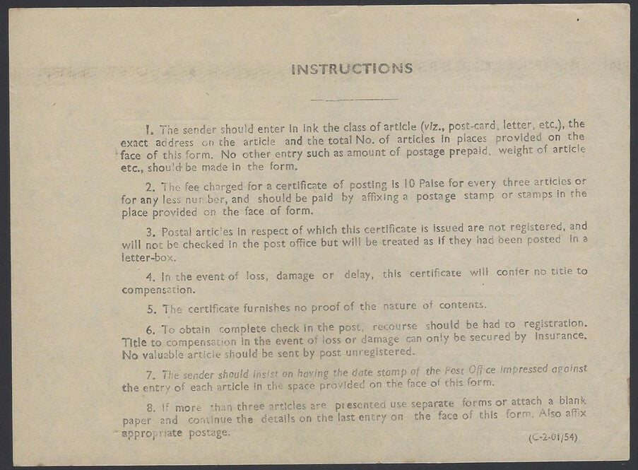 India 1970 Certificate of postage unused