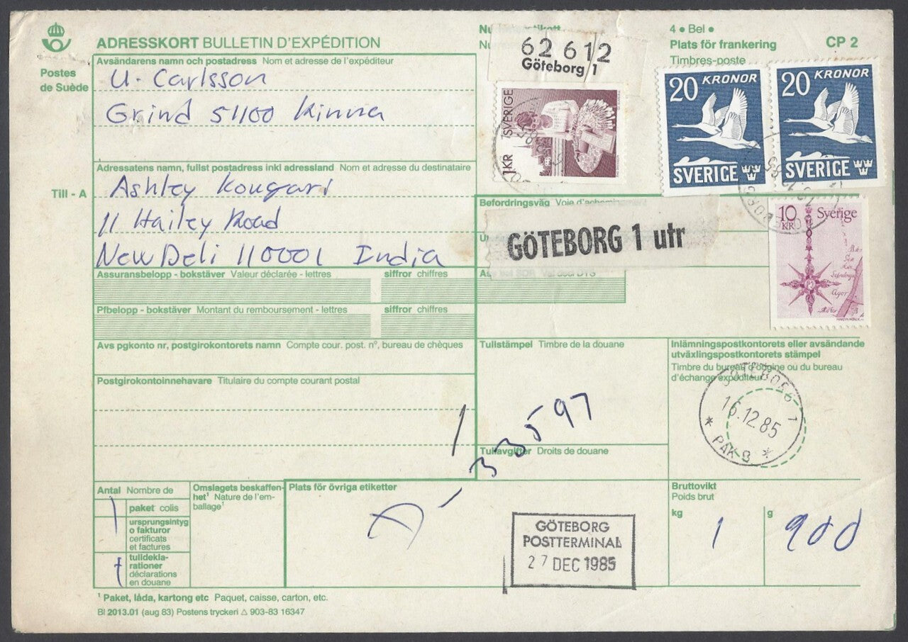 AOP Sweden #C8 1942-53 20Kr Bird x 2 on parcel card to India