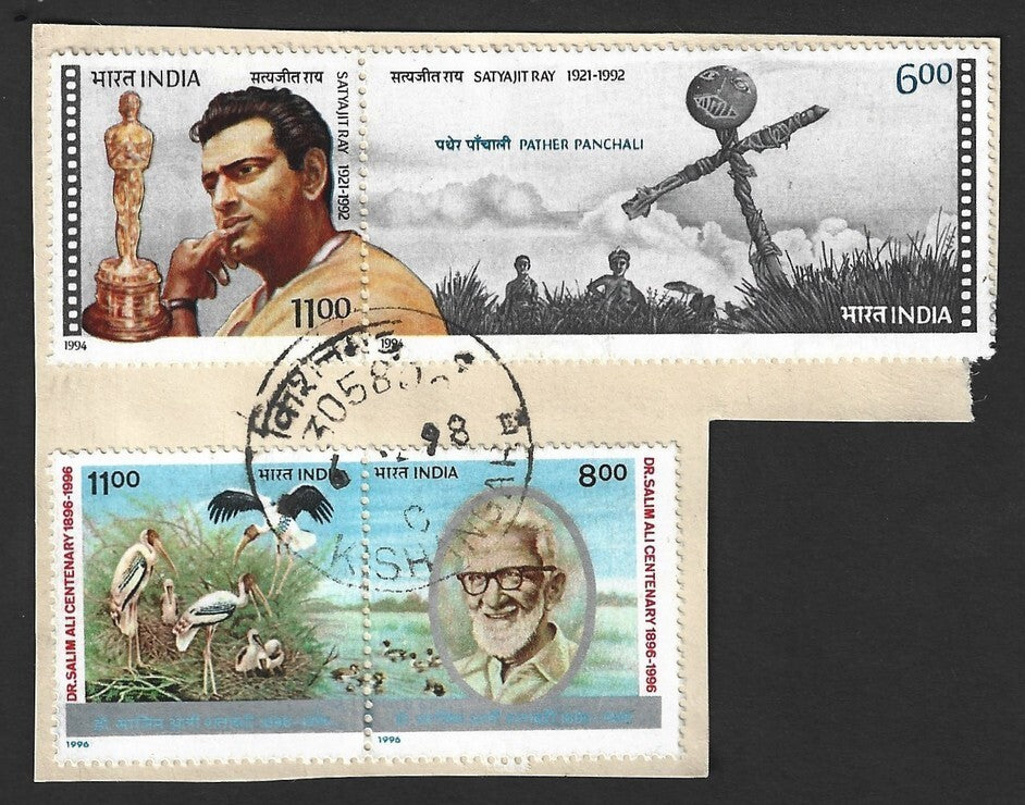 India 1994 Satyajit Ray & 1996 Salim Ali Birds se-tenant pairs used on piece