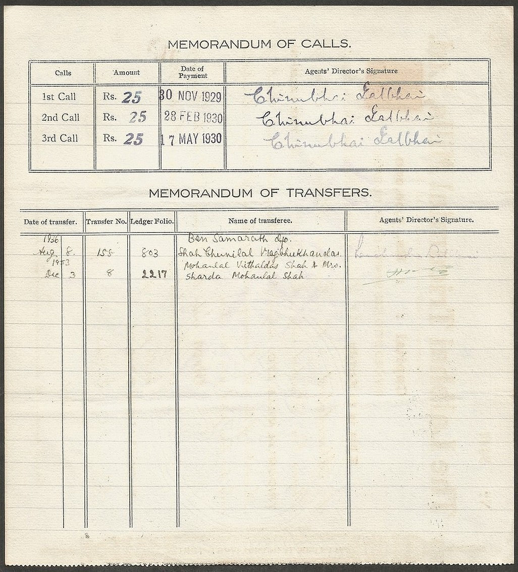 India Lalbhai Tricumlal Mills Ltd 1929 share certificate