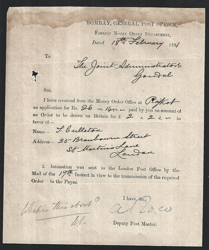 India Bombay General Post Office 1881 Foreign Money Order