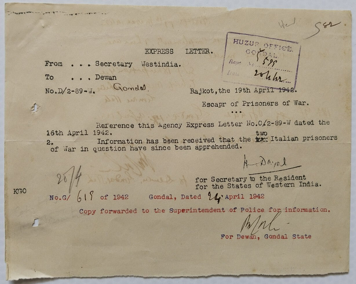 AOP India WW2 1942 Official letter ESCAPE OF ITALIAN PRISONERS OF WAR CAUGHT!