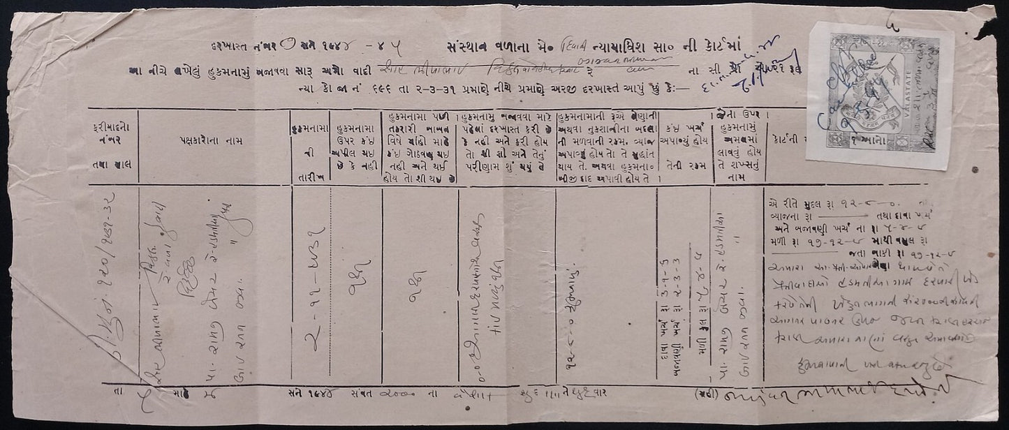 AOP India Vala State 1a black revenue stamp on Court Order