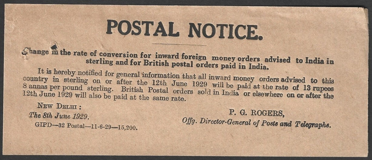 India 1929 POSTAL NOTICE Inward Money Orders & Postal Orders paid in India